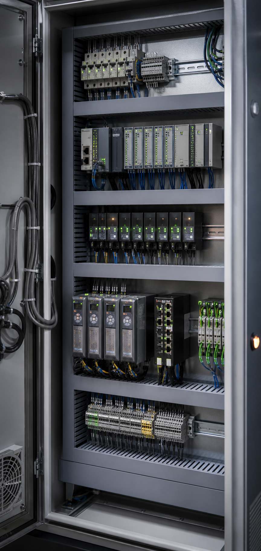 Generated industrial PLC cabinet and drive modernization visual
