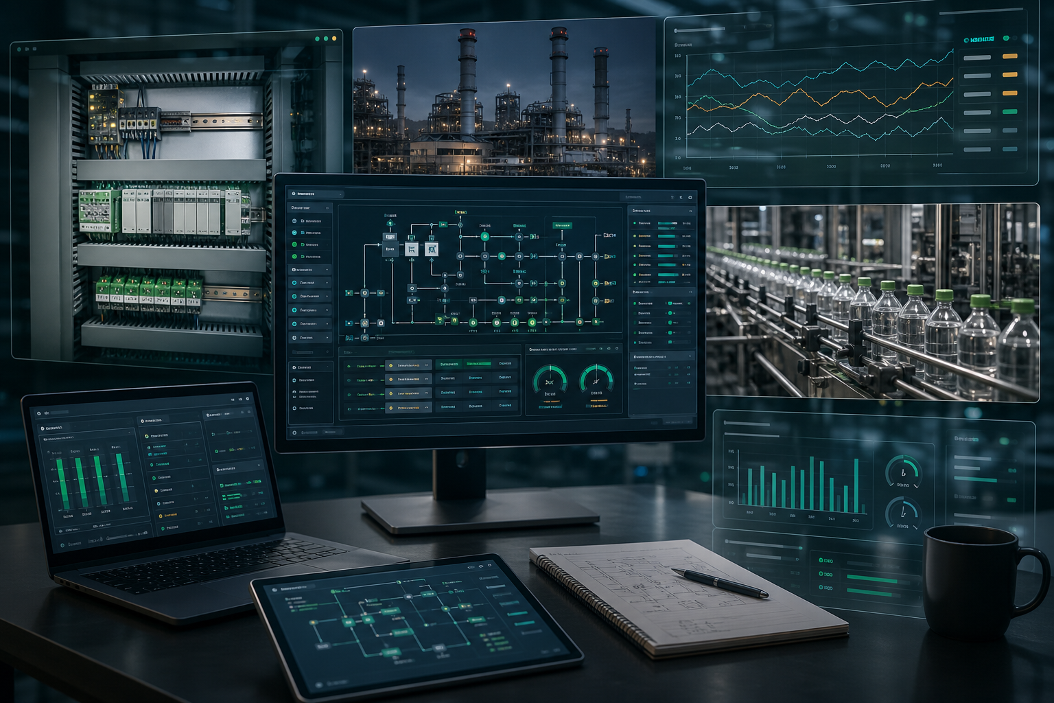 Industrial automation project showcase with SCADA screens and PLC systems